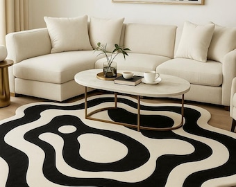 Hand Tufted Wool Rug | Black and White Wavy Abstract Design