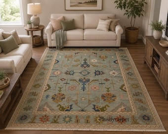 Hand-Knotted Wool Area Rug, Floral Geometric Blue Ivory Rust Gold Botanical Motifs