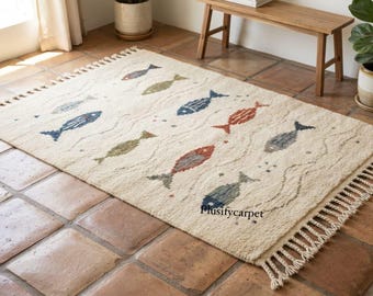 Hand Knotted Wool Area Rug, Ivory Fish Pattern Carpet, Coastal Fringe Home Décor