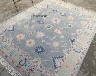 Handmade Wool Oushak Rug: Grey, Blue & Pink Floral, 6x9