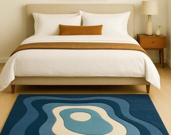 Alfombra abstracta moderna azul marfil / Alfombra tejida a mano con diseño de contorno / Alfombra de 5x7, 6x8, 8x10, 9x12 / Decoración contemporánea para dormitorio y sala de estar
