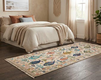 Hand Knotted Wool Runner Rug, Colorful Fish Pattern, Beige Geometric Tribal Décor