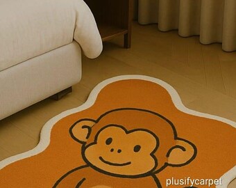 Hand Tufted Wool Monkey Rug – Orange & Cream Nursery Decor
