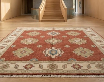 Hand-Knotted Wool Area Rug: Red Beige Floral Medallion Traditional Carpet