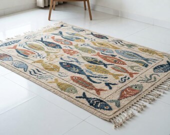 Hand Knotted Wool Area Rug, Colorful Fish Pattern, Coastal Ivory Carpet