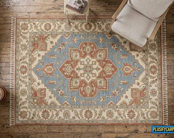 Hand-Knotted Wool Area Rug: Blue Beige Floral Medallion Traditional Oriental Style Carpet