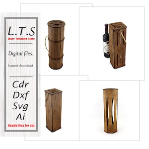 Peut inclure: Des supports de bouteilles de vin en bois et une bouteille de vin. Les supports sont bruns et présentent divers modèles, dont un support cylindrique avec une poignée en corde et un support rectangulaire avec un motif de raisin. L'image comprend également le texte "L.T.S Laser Template Store".