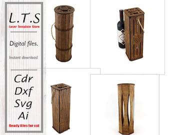 Puede incluir: Soportes de madera para botellas de vino y una botella de vino. Los soportes son marrones y tienen varios diseños, incluyendo un soporte cilíndrico con asa de cuerda y un soporte rectangular con diseño de uvas. La imagen también incluye el texto "L.T.S Laser Template Store".