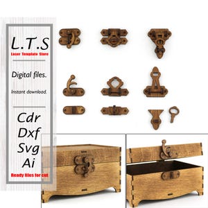 Könnte beinhalten: Eine Sammlung von hölzernen, lasergeschnittenen Kastenschlössern und eine kleine Holzkiste mit einem Schloss. Das Bild zeigt verschiedene Schlossdesigns, einen Schlüssel und den Text "L.T.S Laser Template Store" und "Ready files for cut."