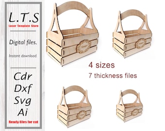 Wooden basket for flowers and other uses | Laser cut file | 4 sizes | 7 thickness file | DXF, Ai, CDR, SVG | Cnc basket file | BS1