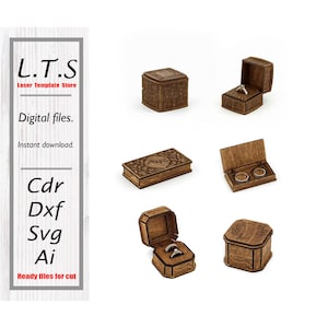 May include: Wooden ring boxes in various designs, some open to display rings. The boxes are brown with engraved patterns. The image also includes a vertical sign with the text "L.T.S Laser Template Store" and "Digital files."