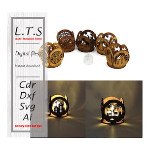 Può includere: Portacandele in legno con intricati disegni traforati, tra cui case, alberi e motivi geometrici. L'immagine mostra anche il testo "L.T.S Laser Template Store" e "Digital files. Instant download. Ready files for cut."