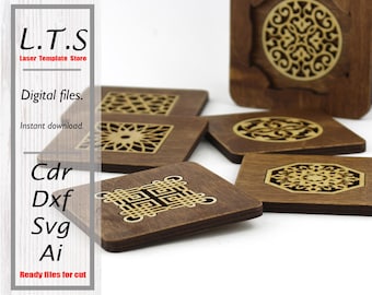 Laser Cut Coaster File | Set of 6 Wooden Coasters, CNC, SVG (Digital Download)