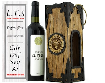 May include: A wooden wine bottle holder with a decorative design and a bottle of wine. The holder is made of wood with dark accents and a circular emblem. The wine bottle has a white label with the word "WINE" and the year 2020.