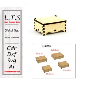 May include: A small, unfinished wooden box with a lid, featuring a laser-cut design. The image shows four different sizes of the box, with measurements in centimetres. The text "L.T.S Laser Template Store" is visible, along with file type information.