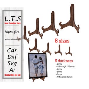 May include: Wooden display stands in various sizes and thicknesses. The stands are a medium brown color and are designed to hold pictures or other items. The image also includes the text "L.T.S Laser Template Store" and "Digital files."