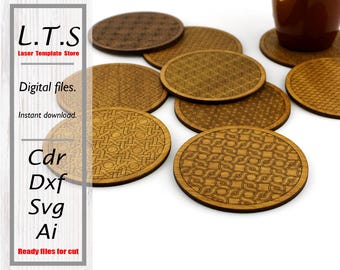 Posavasos / Archivo cortado a láser / Juego de 9 posavasos / Posavasos SVG / Archivo CNC / DXF, Ai, Svg, Cdr / Descarga instantánea