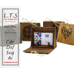 Caja de regalo para tarjetas de crédito cortada a láser. 7 diseños para la tapa. CDR, DXF, AI, SVG. Descarga instantánea, archivo CNC. BX51