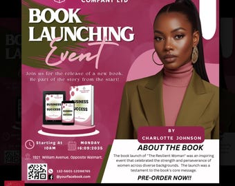 May include: A promotional graphic for a book launch event. The design features a woman in a blazer, the text "BOOK LAUNCHING Event", and details about the book and author, Charlotte Johnson. Includes the text "PRE-ORDER NOW!!".