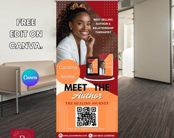 Puede incluir: Un banner promocional con una mujer sonriente, el texto "Meet the Author" y un código QR. El banner utiliza una combinación de colores rojo, naranja y blanco. También se ve el texto "Free Edit on Canva".