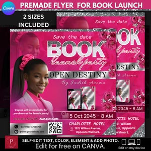 Elegant Book Launch Flyer: Pink & Silver Author Event (Canva Editable, Digital Download)