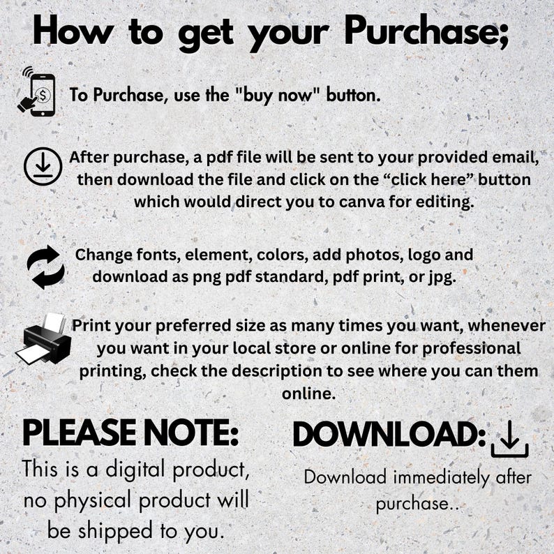 May include: Informational graphic with instructions on how to purchase and download a digital product. The text includes steps for buying, downloading a PDF, editing in Canva, and printing. It also notes that no physical product will be shipped.