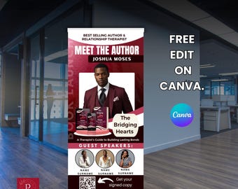 Puede incluir: Una pancarta vertical retráctil para el lanzamiento de un libro con un retrato de Joshua Moses en traje granate. El texto incluye "Meet the Author", "The Bridging Hearts" y "Guest Speakers". Muestra un código QR y datos de contacto.