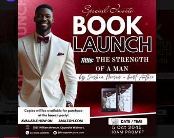 Men Author Book Launch Event Party Flyer, Book Launch Signing, Author Book Release, E-Book Launch Template, Editable Book Launch Event Canva