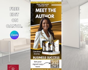 Banner retráctil para lanzamiento de libro de autor, banner enrollable editable, plantilla de banner para eventos en PDF, banner de coaching empresarial - Banner de vinilo Canva.