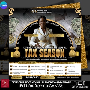 May include: A promotional graphic for tax preparation services. The image features a woman in a white suit, the words "TAX SEASON" in gold, and a list of services. The text includes "Now accepting new clients!" and "File Smarter!"