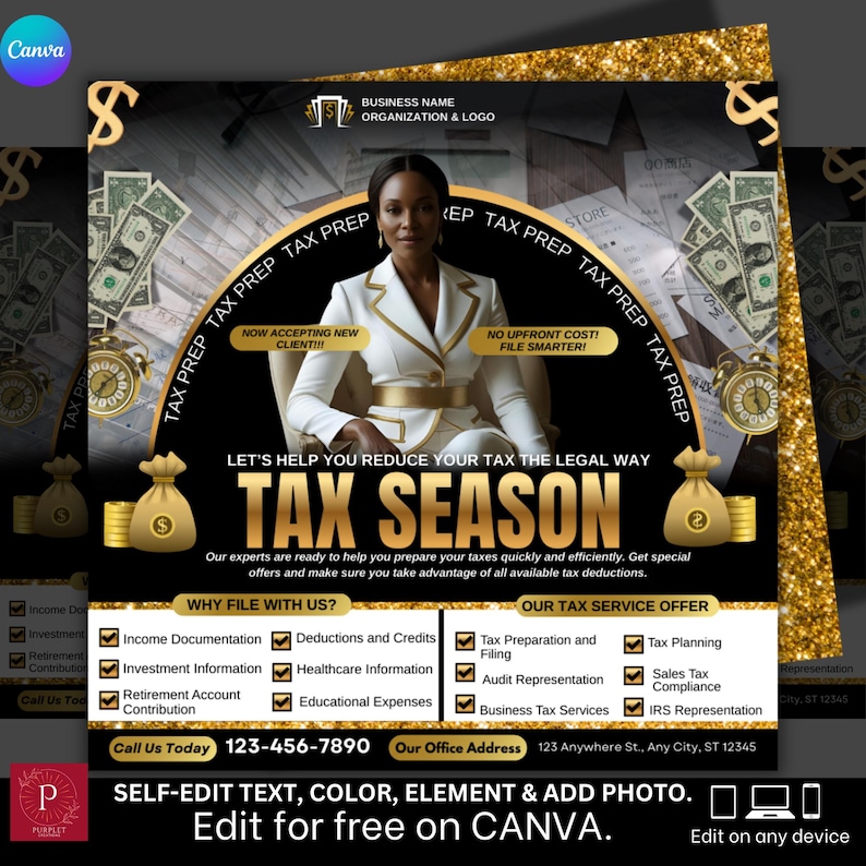 May include: A promotional graphic for tax preparation services. The image features a woman in a white suit, the words "TAX SEASON" in gold, and a list of services. The text includes "Now accepting new clients!" and "File Smarter!"
