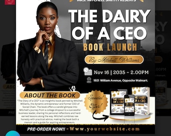 Elegante folleto de lanzamiento de libro: Anuncio de lanzamiento de libro, folleto de lanzamiento de nuevo libro del autor, folleto de lanzamiento de libro electrónico, invitación editable para lanzamiento de libro en Canva.