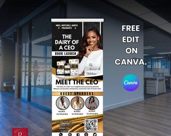 Könnte beinhalten: Ein vertikales Roll-up-Banner für eine Buchvorstellung mit dem Titel The Dairy of a CEO. Es zeigt das Porträt einer Frau, Buchcover, drei kreisförmige Platzhalter für Gastredner, einen QR-Code sowie Textfelder für Kontaktinformationen.