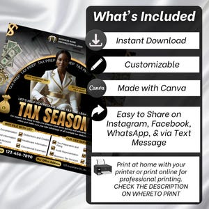 May include: A promotional flyer for tax preparation services. The flyer features a woman in a white suit, the words "TAX SEASON," and a list of services. The flyer also includes the text "Instant Download," "Customizable," and "Made with Canva."