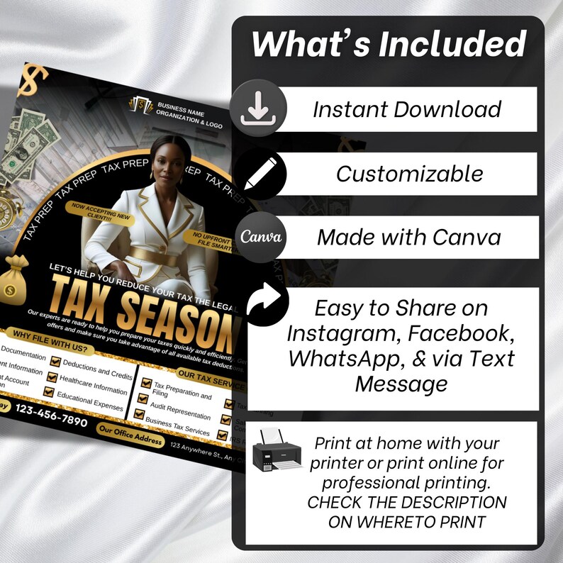 May include: A promotional flyer for tax preparation services. The flyer features a woman in a white suit, the words "TAX SEASON," and a list of services. The flyer also includes the text "Instant Download," "Customizable," and "Made with Canva."