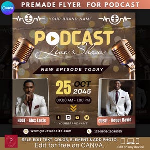Masculine Podcast Flyer Template: Social Media Promotion (Canva Editable, 1080x1080px)