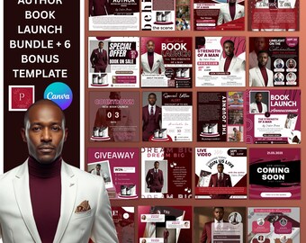 May include: A digital marketing bundle for authors featuring 25 book launch templates and 6 bonus designs. The collection includes social media graphics with maroon and white color schemes, featuring a man in a white blazer and maroon turtleneck.