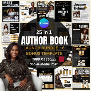 May include: A promotional bundle for authors, featuring a collection of social media posts and templates. The design includes a central text overlay that reads "25 in 1 AUTHOR BOOK LAUNCH BUNDLE". The image also includes a woman in a gold dress.