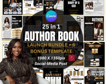 May include: A promotional bundle for authors, featuring a collection of social media posts and templates. The design includes a central text overlay that reads "25 in 1 AUTHOR BOOK LAUNCH BUNDLE". The image also includes a woman in a gold dress.