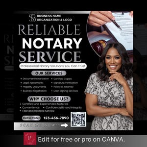 May include: A promotional graphic for a notary service, featuring the text "Reliable Notary Service" in large, bold letters. The image includes a smiling woman, a gavel, and a hand signing a document. Services include document notarization and legal agreements.