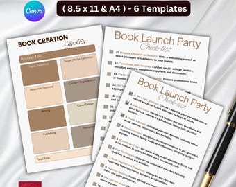 Op de afbeelding: Een set afdrukbare checklists voor het maken van boeken en boeklanceringfeesten. De checklists bevatten sjablonen voor onderwerpselectie, contentorganisatie en evenementplanning. De documenten zijn 8,5 x 11 inch en A4-formaat.