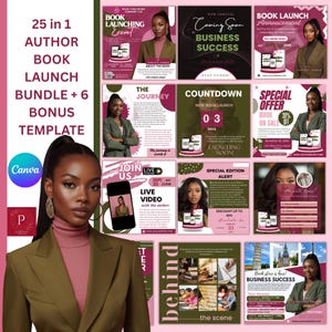 May include: A bundle of 25 author book launch templates with 6 bonus templates. The image features a woman in a green blazer and pink turtleneck, with various promotional graphics for a book launch, including the text "Coming Soon Business Success".