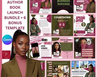 May include: A digital marketing bundle for authors featuring 25 book launch templates and 6 bonus designs. The collection includes social media graphics with text such as Book Launching Event, Special Offer, Countdown, and Business Success.