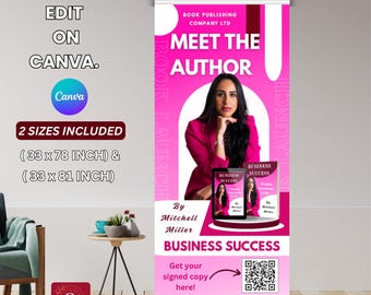 Puede incluir: Una pancarta vertical retráctil de color rosa y blanco con el texto MEET THE AUTHOR y BUSINESS SUCCESS. Incluye una fotografía de una persona con blazer rosa, la imagen de una portada de libro, un código QR e información de contacto.
