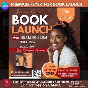 Elegant Book Launch Party Flyer: Author Event Template (Canva Editable, 1080x1080px)