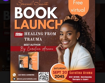 Editable Book Launch Event Party Flyer, Elegant Book Launch Signing, Author Book Release, E-Book Launch Template, Book Launch Event Canva.