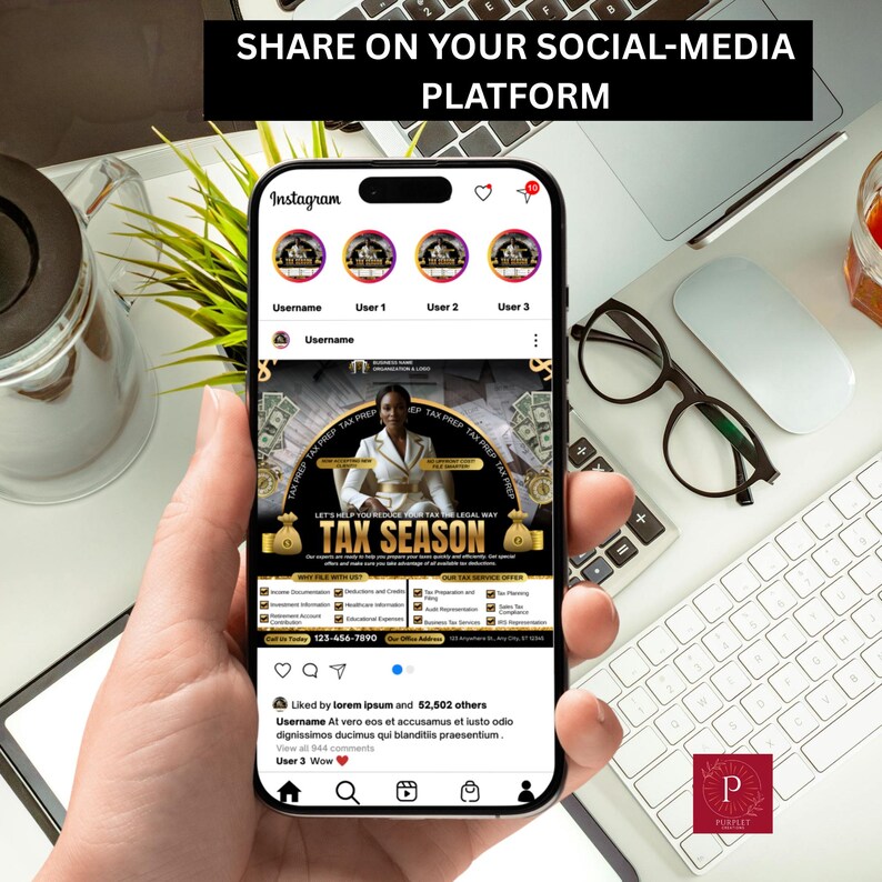 May include: A smartphone displays an Instagram post promoting "Tax Season." The post features a woman in a white suit, money graphics, and the text "Let's Help You Reduce Your Tax The Legal Way." The phone is on a desk with a keyboard, mouse, and glasses.