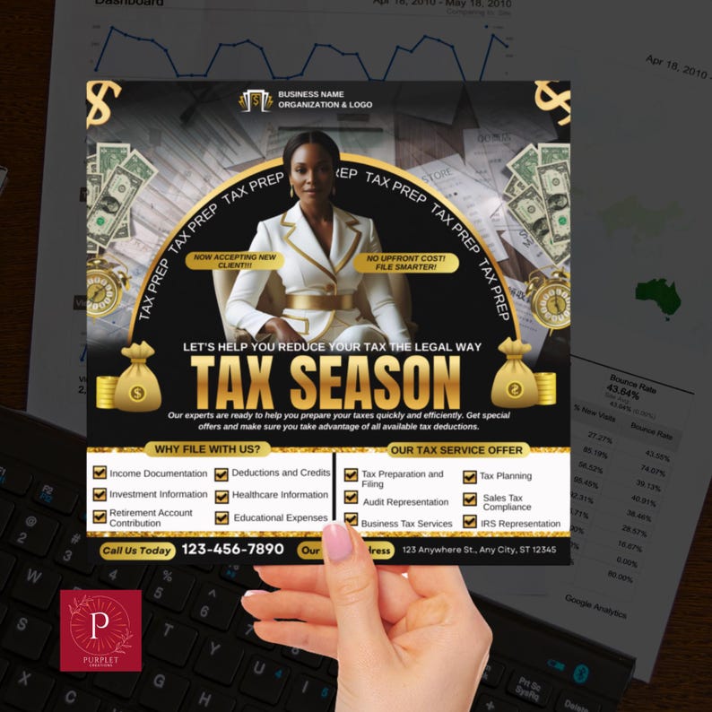 May include: A promotional flyer for tax preparation services. The design features a woman in a white suit, gold accents, and the words "TAX SEASON." It lists services like income documentation and tax planning.