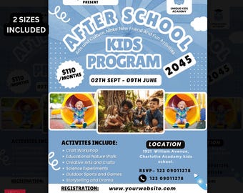 Kinderprogramm Flyer Vorlage: Nach der Schule, Lager, Workshop (Canva bearbeitbar, PDF-Format)
