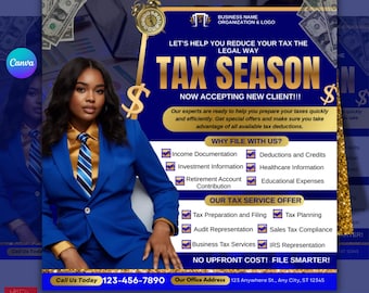 Editable Tax Prep Service Flyer, Blue & Gold Template Tax Season, Credit Repair, Income Tax Preparer, Accounting Services Canva Flyer.